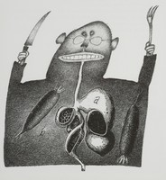Le Radis noir (l'estomac), dessin publié dans <em>Linnéaments</em> de André Balthazar et Roland Breucker paru aux Editions Le Daily-Bul en 1997